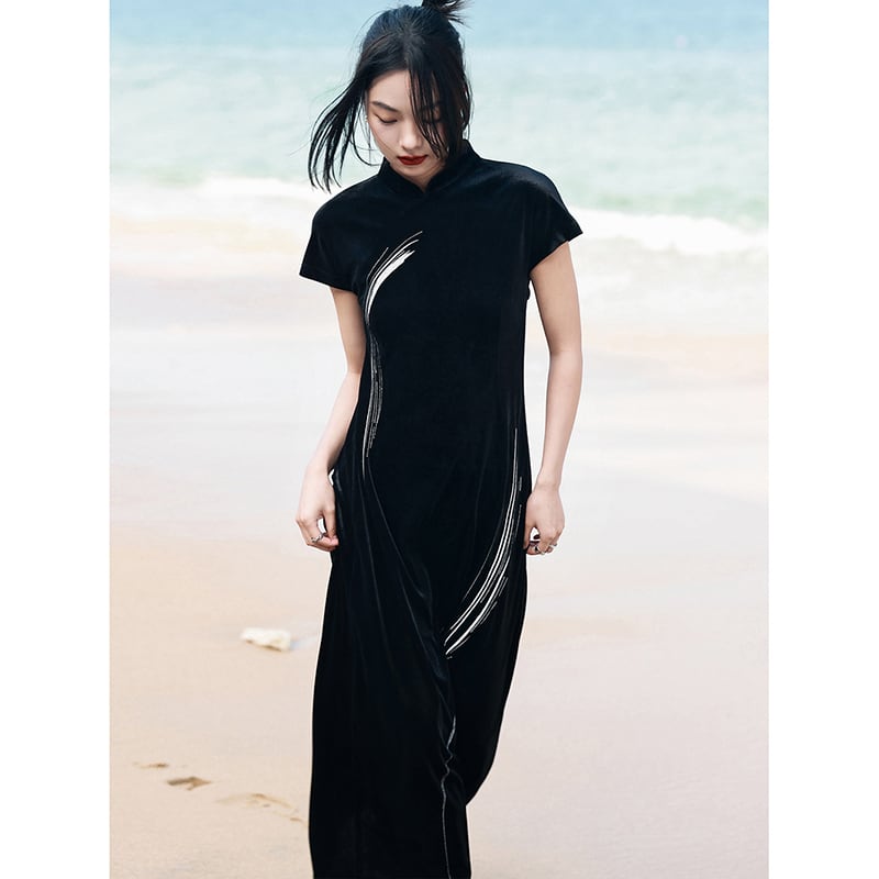 [Da Qinglong Shu Series] ★China style dress★ Improved cheongsam dress, velvet, improves temperament, long length, black