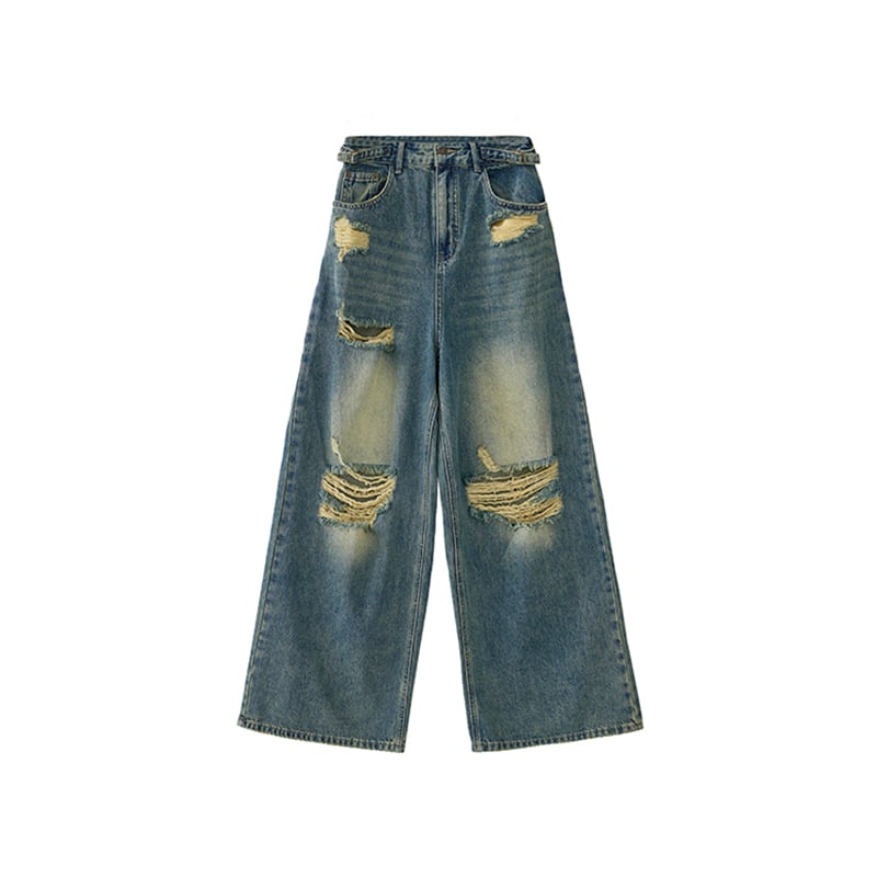 [EDX Series]★Denim Pants★ 2color Bottoms Unisex Men's Black Blue Distressed Easy to Match