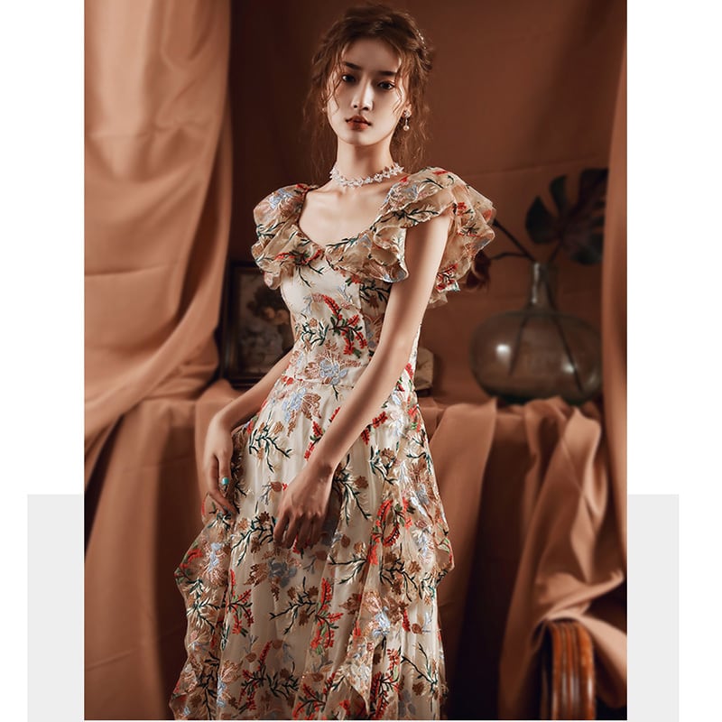 [YUWANRU Series] ★Party Dress★ Embroidery Dress Floral Pattern Sexy Party Dress Wedding