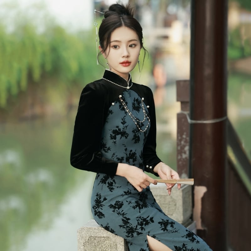 [RUYUN Series] ★Cheongsam Dress★ 2color Switching Velvet Temperament Enhancement Floral Pattern Chinese Style Dress