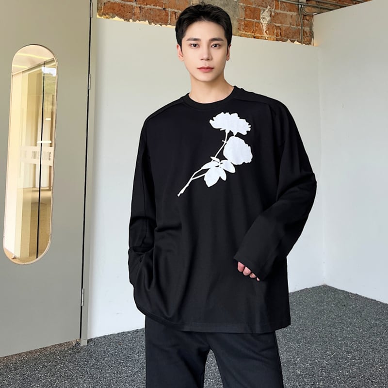 [Illustrated series] ★T-shirt★ 2color tops long sleeve T-shirt unisex men's simple floral pattern black white