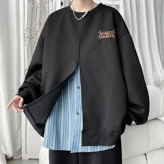 [LPZ Series] ★Tops★ 2color fake layered unisex men's large size vertical stripes striped pattern