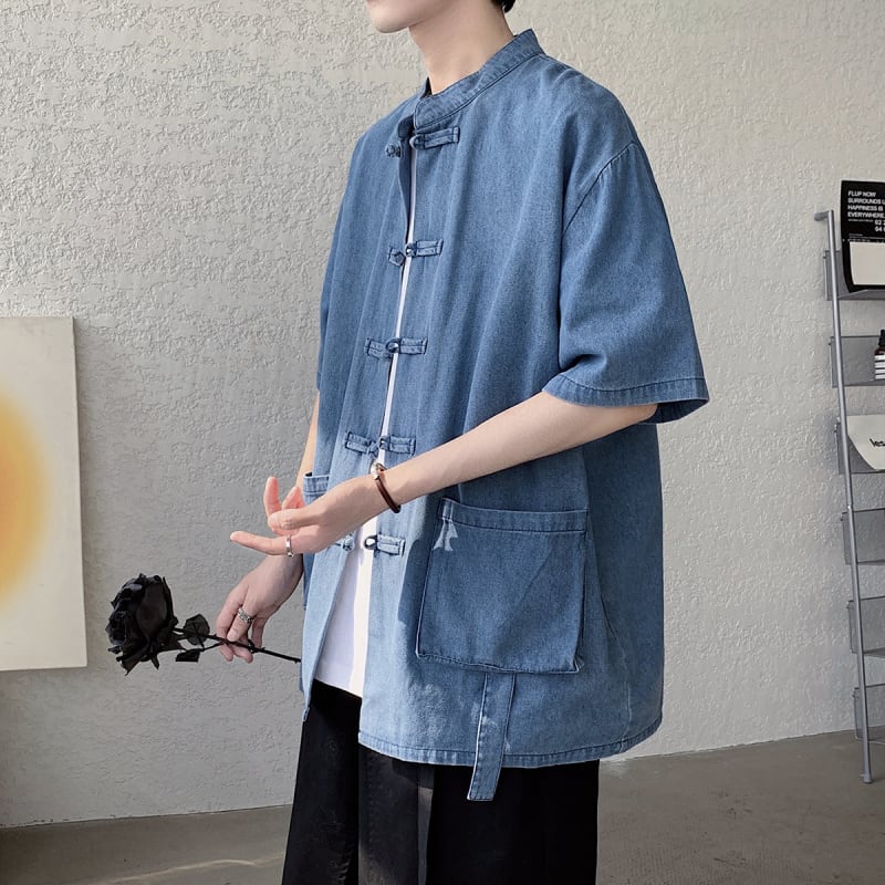 [YISHUO Series]★Chinese style shirt★ 2color Unisex Men's Large Size Denim Shirt Chinese Clothes Blue