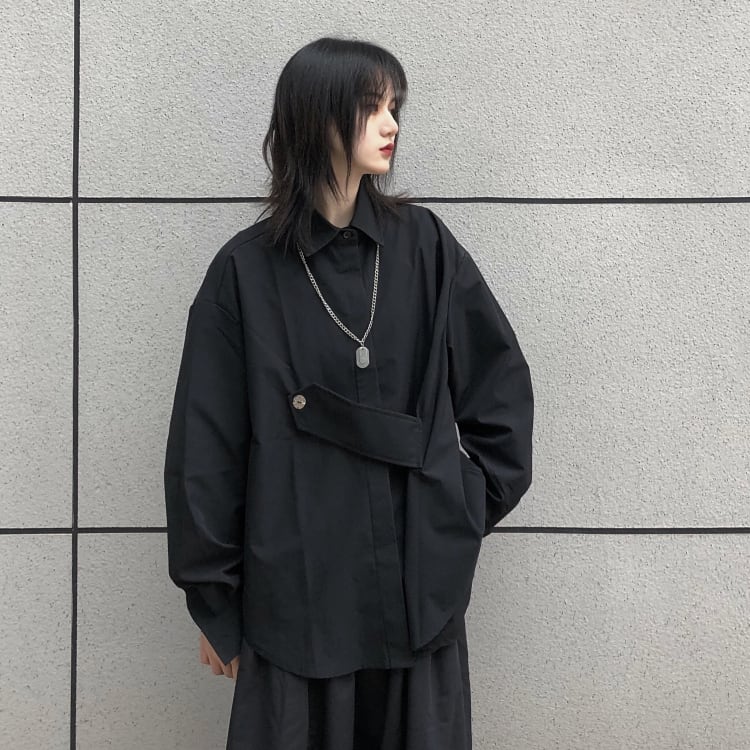 [Modern People Series]★Shirt★ Tops Black Black Free size Loose Harajuku style Irregular Unisex