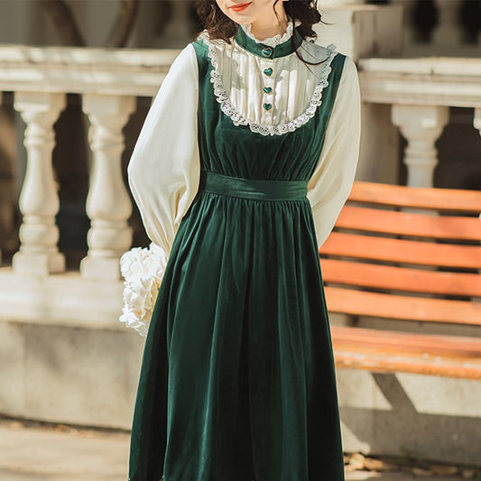 [Nan Kemu Series] ★One Piece★ Long Length Velvet Embroidery Women's Commuting Date Green Green SML XL