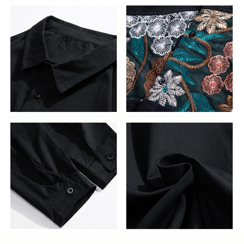 [Satoru Series]★China style shirt★ 2color black or white long sleeve embroidery floral pattern unisex large size