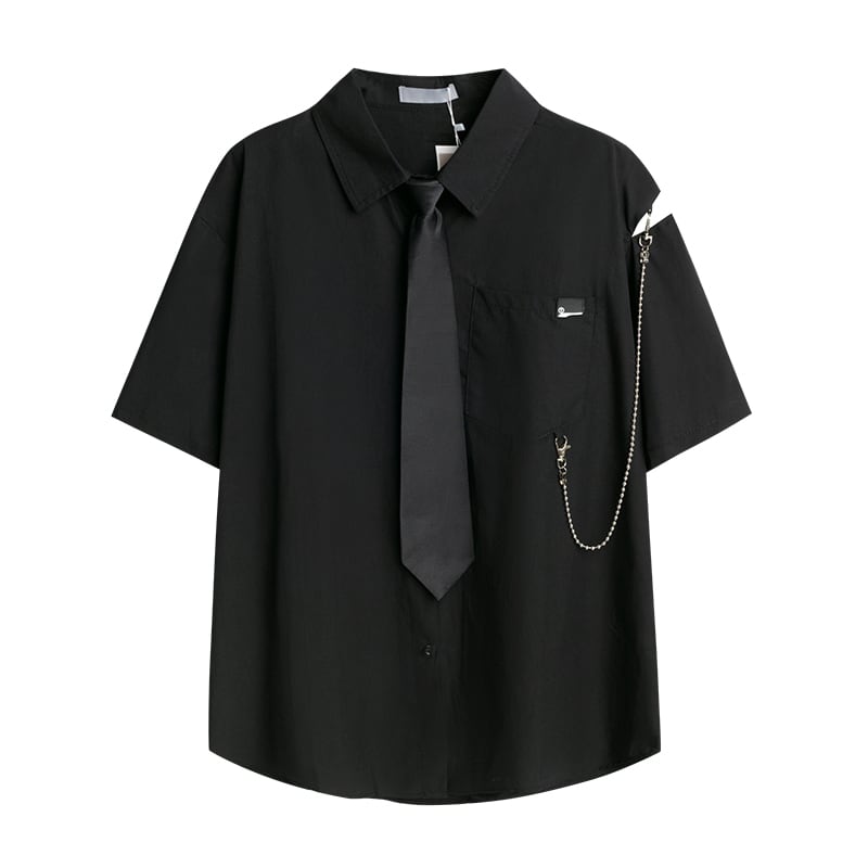 [Seiyasu Series] ★Shirt with tie★ 4 colors Black or white or blue or gray Short sleeves with chain Unisex costume Men's