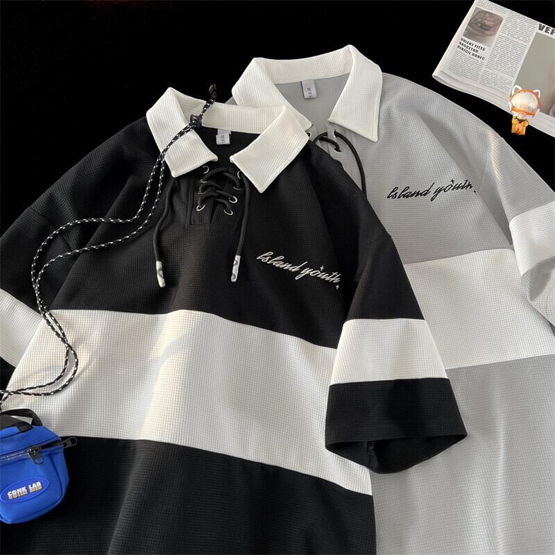 [CHAOMEICHEN Series] ★POLO Shirt★ 2color Tops Unisex Men's Horizontal Striped Striped Pattern Black Gray