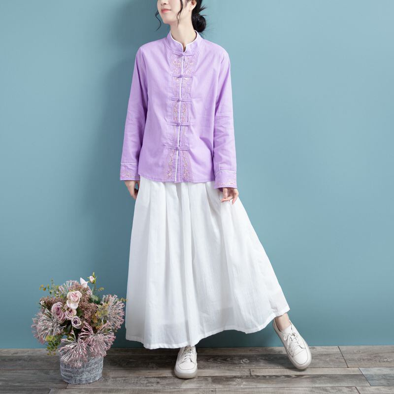 [Qing Series]★China style tops★ 3color embroidery long sleeve shirt simple easy to match Blue Yellow Purple