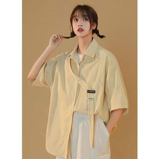 [Fujiiman Series]★Shirt★ 3color Tops Vertical stripes Summer Unisex Loose Cute Yellow Blue Black