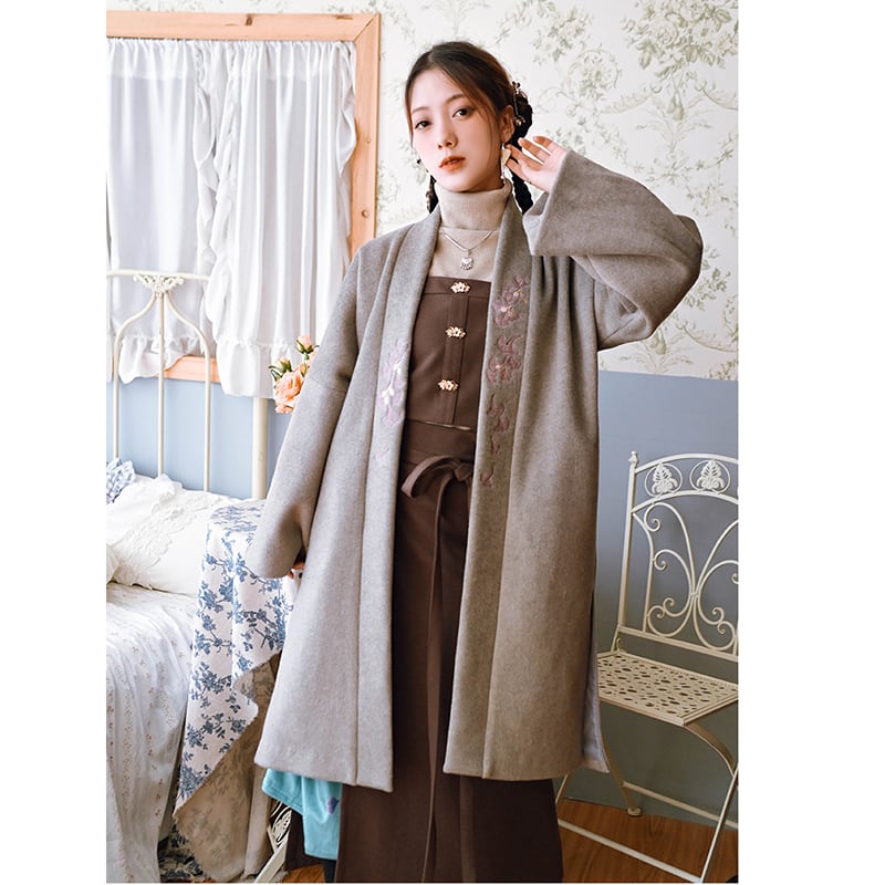 [Kokaisha --- Leaf Series] ★China style coat★ 2color embroidery outerwear long length Hanfu coat black gray