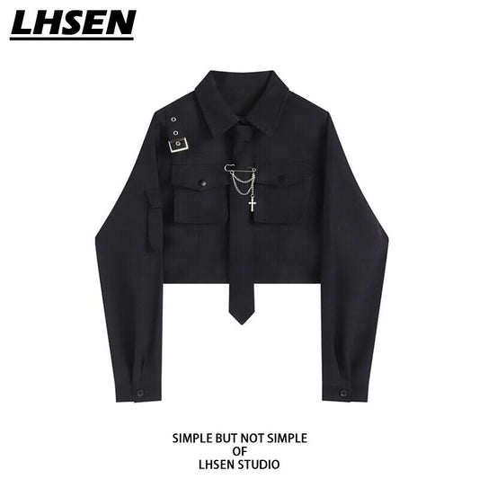 [LHSEN Series]★Shirt with tie★ Long sleeve shirt tops Mini length Cool Black Black ML XL 2XL