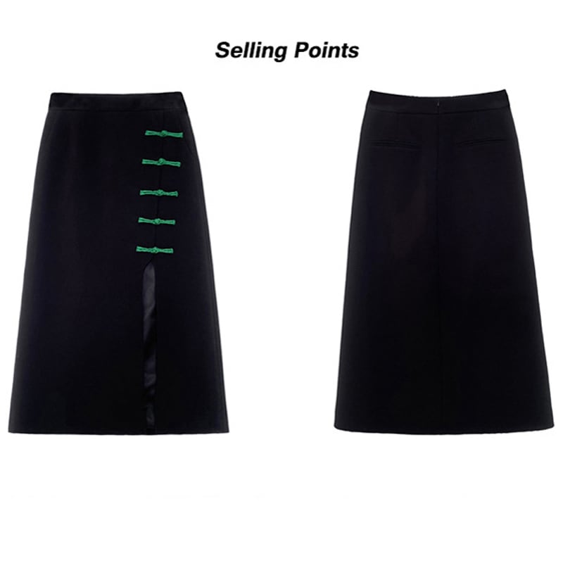 [OCTOBER Series]★China style skirt★ Slit green Green Chinese button Black Black slimming