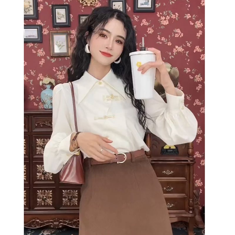 [Misslin Fashion Series]★Setup Single item order★ Chinese style shirt or skirt White Coffee color Date Commuting