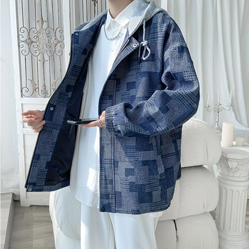 [HUICHUN Series] ★Jacket★ 2color outer plaid pattern unisex men's black blue large size