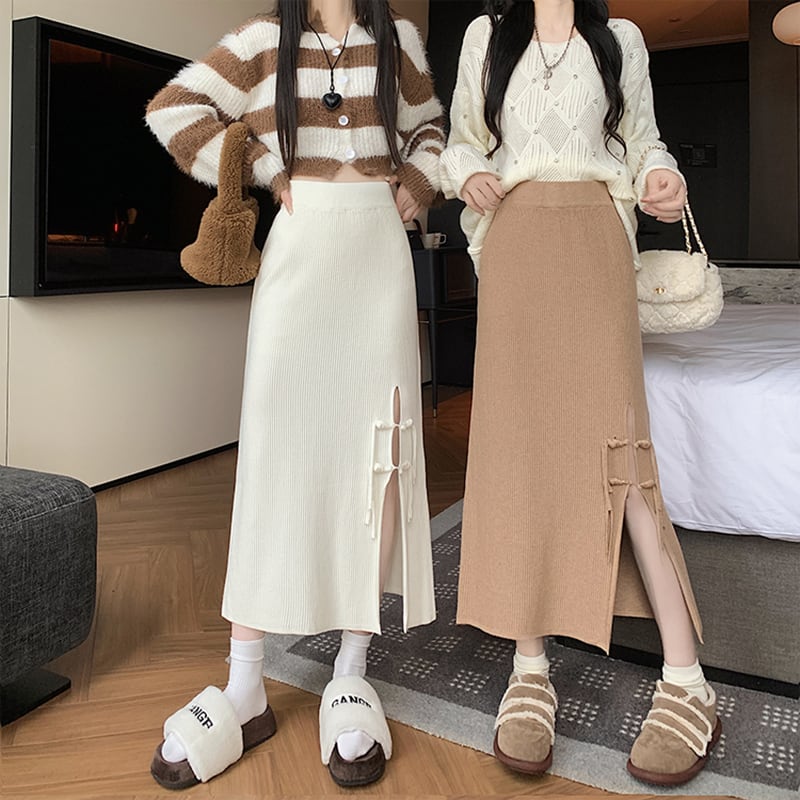 [CHAOSHAN series] ★Knit skirt★ 3color bottoms slit slimming easy to match black beige brown