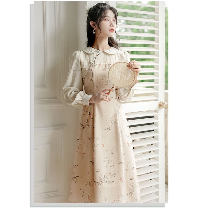 [Encounter series] ★China style dress★ Improved cheongsam dress, floral pattern, date, ethnic style, improves temperament SML