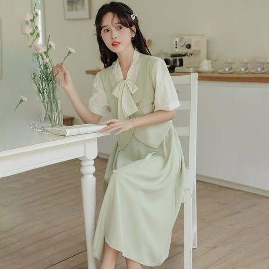 [Ali Series] ★One Piece★ Faux Layered Ribbon Commuting Wedding Date Office Summer Clothes Green Green