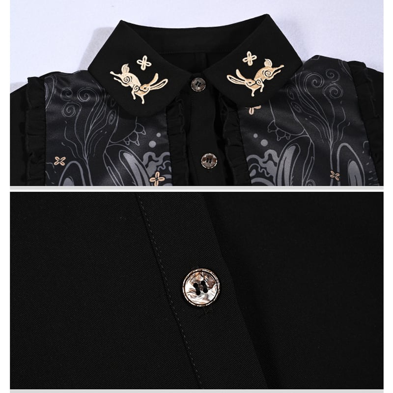 [Old Monster --- Rabbit Series] ★China style shirt★ Long shirt embroidery rabbit rabbit black black