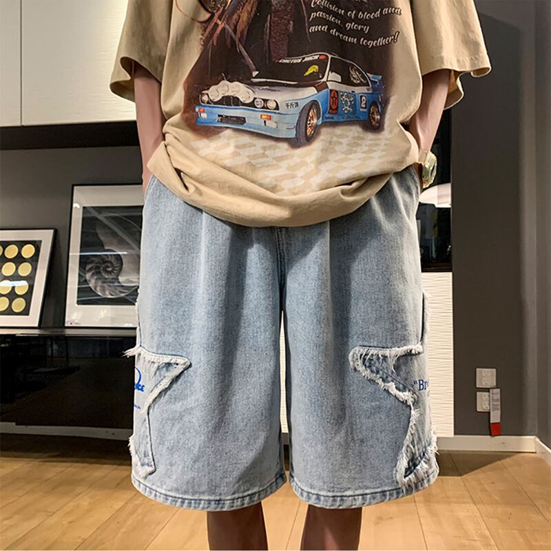 [Leonbinno Series] ★Shorts★ Denim pants 3color Casual Star Unisex Men's Gray Black Light Blue