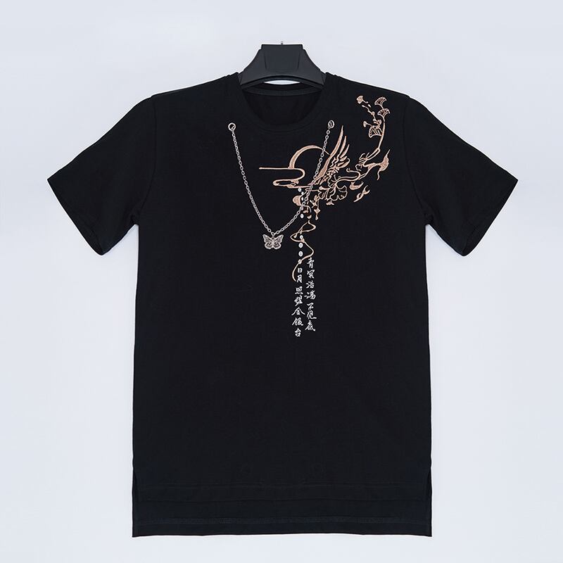 [Kyodo Series]★China style T-shirt★ Tops 2color Unisex Men's Embroidery with chain Butterfly Cotton