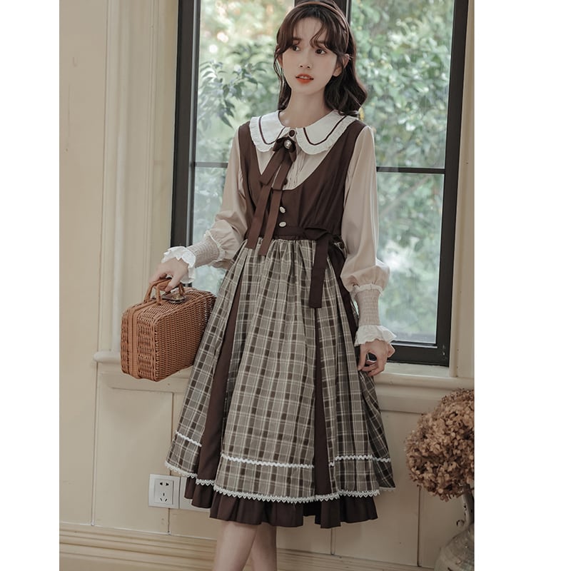 [DACHENGZI Series] ★Dress★ Fake Layered Dress Checkered Pattern Cute Retro S M L XL