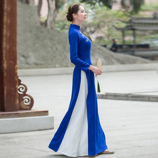 Ao Dai Vietnamese Ethnic Style Long Dress Side Slit Long Sleeve Stand Neck Dress After-Party Bride Thank-you Party Date Invitation Blue Pink Large Size SML XL 2XL