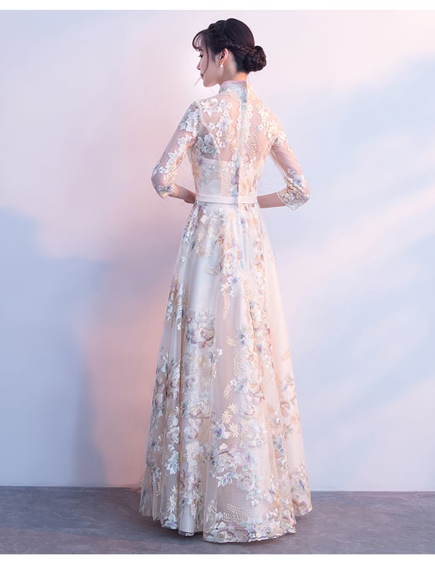 Party Dress, One Piece, Long Dress, After-Party, Wedding, Concert, Elegant, Chinese Style, Stand Neck, 3/4 Sleeve, Long Length, Maxi Length, Large Size, SML, XL, 2XL, Champagne, Embroidered