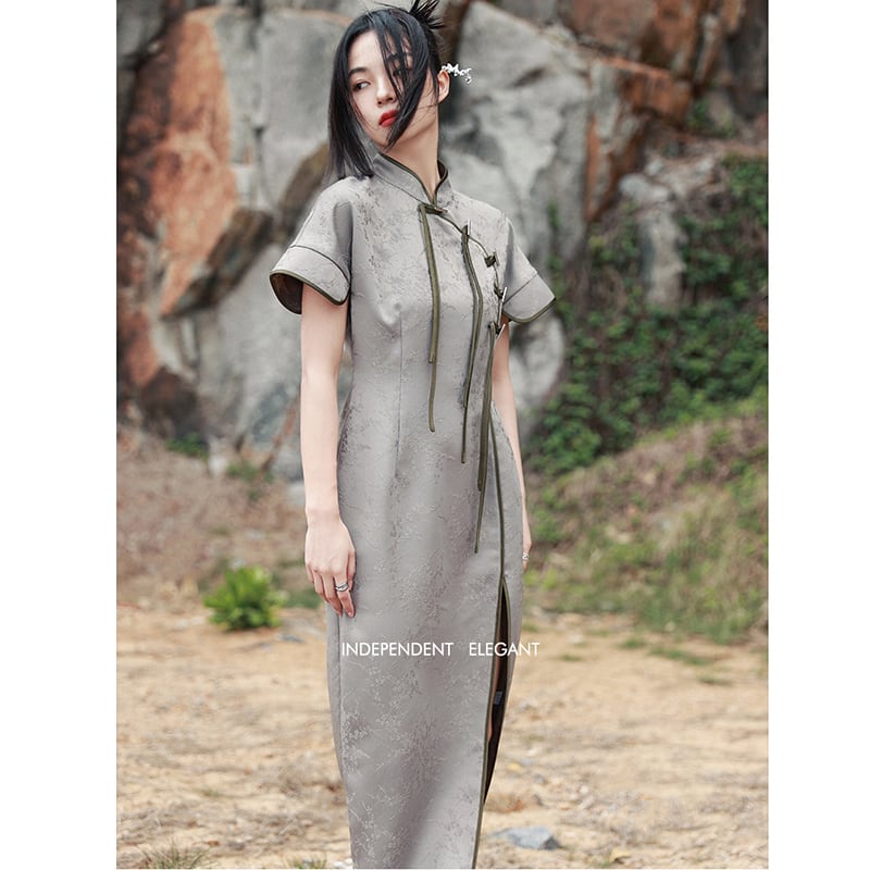 [Da Qinglong Shu Series] ★China style dress★ Improved cheongsam dress Color scheme Improves temperament Long length Silver gray