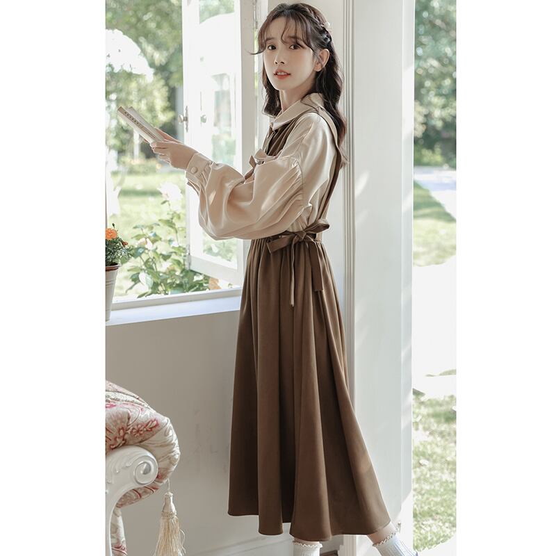 [Minami no Mori Series] ★One Piece★ Long Sleeve Women's Switching Faux Layered Office Lady Commuting Date Ribbon