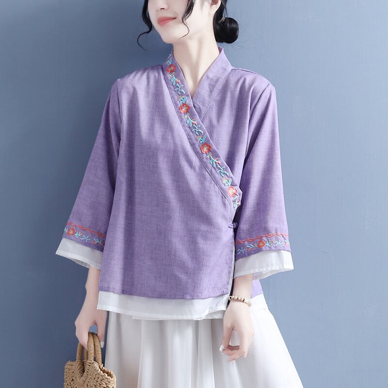 [Qing Series]★China style shirt★ Tops 5 colors White Pink Blue Purple Blue Green V-neck Embroidery Three-quarter sleeves