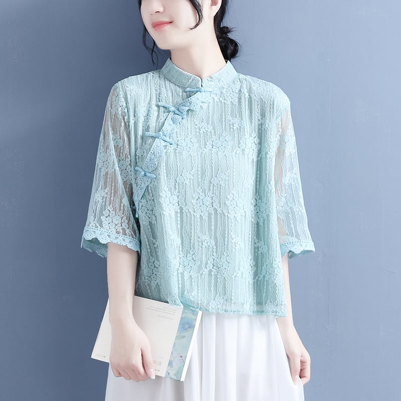 [Qing Series]★Chinese style shirt★ 4 colors lace Chinese clothes stand neck easy to match summer simple