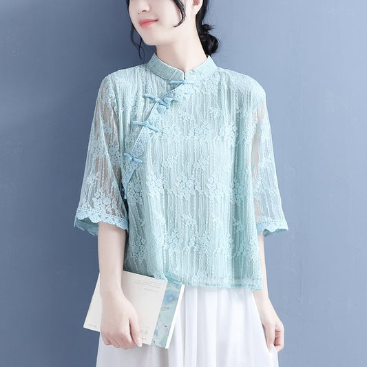 [Qing Series]★Chinese style shirt★ 4 colors lace Chinese clothes stand neck easy to match summer simple