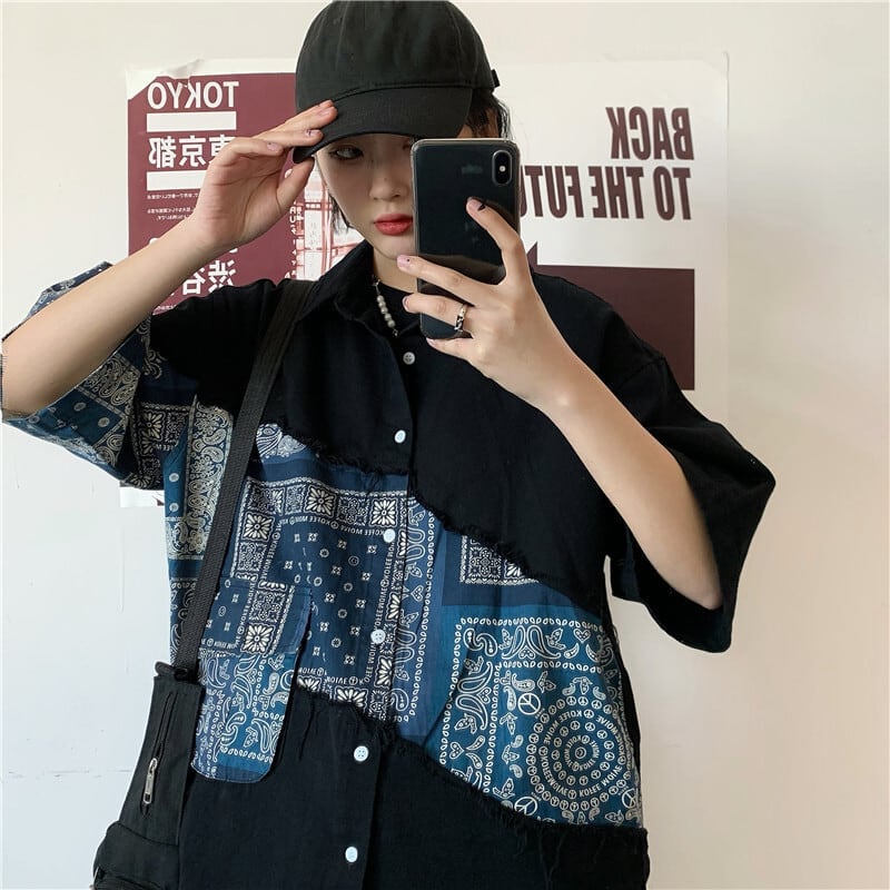 Time sale now on! ! [Style Series]★Shirt★ Tops Floral Pattern Switching Short Sleeve Shirt Unisex Print Men's Women's Black Black