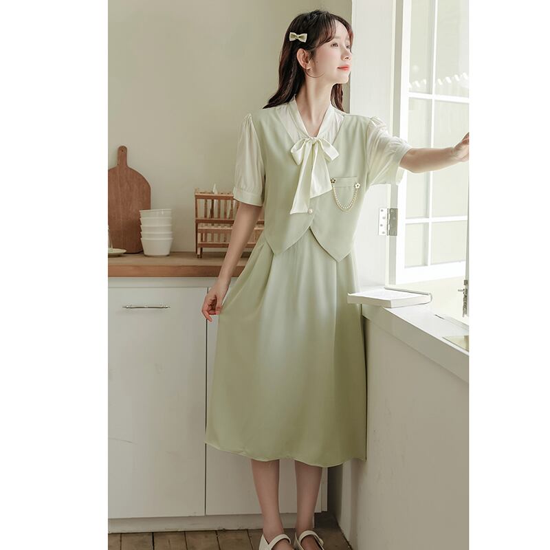 [Ali Series] ★One Piece★ Faux Layered Ribbon Commuting Wedding Date Office Summer Clothes Green Green