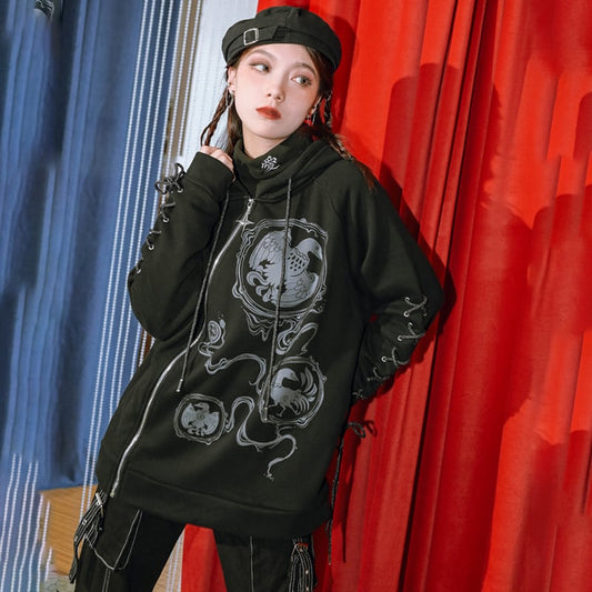 [Ancient Monster---Gold Series] ★China style hoodie★ Tops Thick, warm, brushed lining, loose, black, black