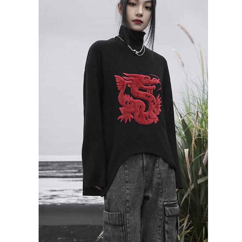 [Big Blue Dragon Series] ★Chinese style sweater★ Knit tops Dragon crest Chinese clothing Black Black Irregular