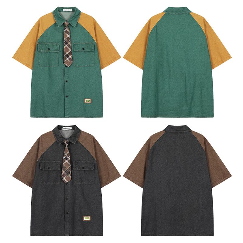 [ACRARDIC Series]★Shirt with tie★ 2color tops short sleeve shirt color scheme unisex men's denim shirt