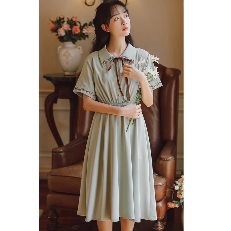 [Shukunsho series]★China style dress★2color embroidery long length short sleeve summer cute easy to match beige green