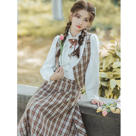 [Tatsuko Chenis Series]★Setup★ 3-piece set shirt, vest, skirt, check retro, cute