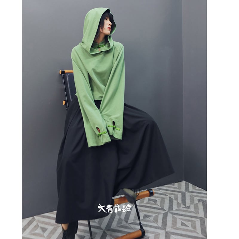 [Daiseiryusu Series]★China style hoodie★ Tops 2 colors, short length, Chinese buttons, hooded, green black