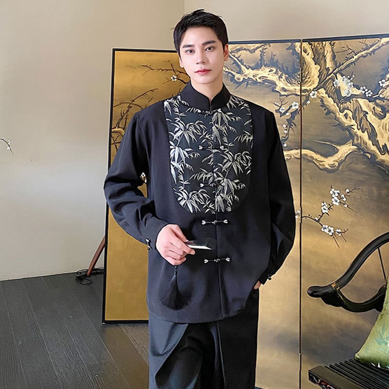 [Illustrated Series]★China Style Shirt★ Tops Unisex Men's Black Bamboo Pattern Switching Chinese Clothes