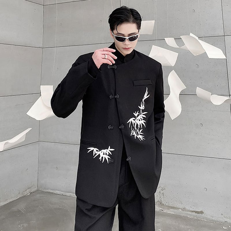 [Illustrated series] ★China style blazer★ Outerwear bamboo unisex men's black black ML XL print