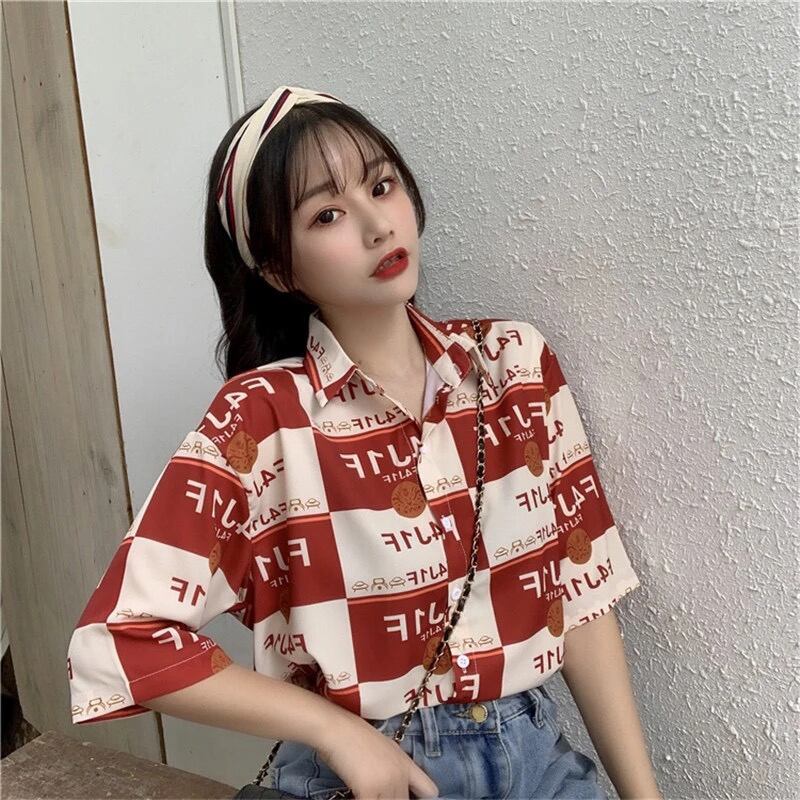 [YOUZI Series]★Retro Shirt★ Short Sleeve Shirt Tops Print Retro SML XL Thin Red Red Cute