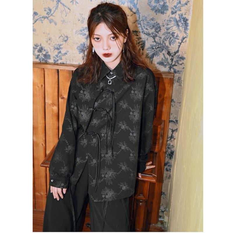 [Ancient Monster---Ink series] ★China style shirt★ Tops long sleeve shirt original print black black