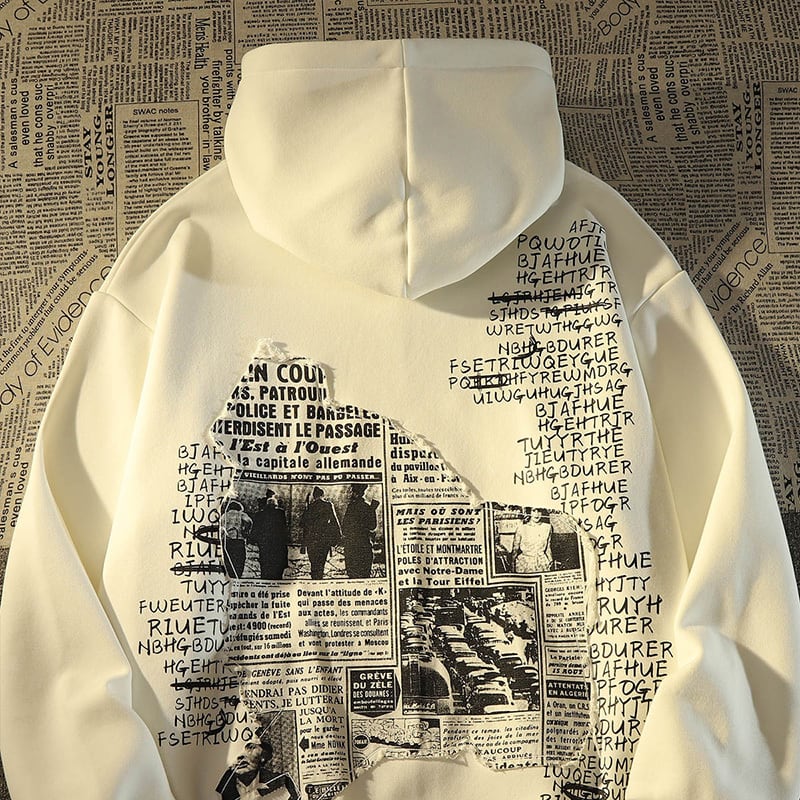 [Roba Series] ★Fleece-lined hoodie★ 2color tops unisex men's newspaper pattern retro black white