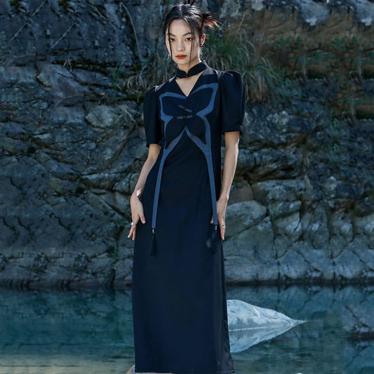 [Big Blue Dragon Series] ★China style dress★ Original butterfly unique design black black long length