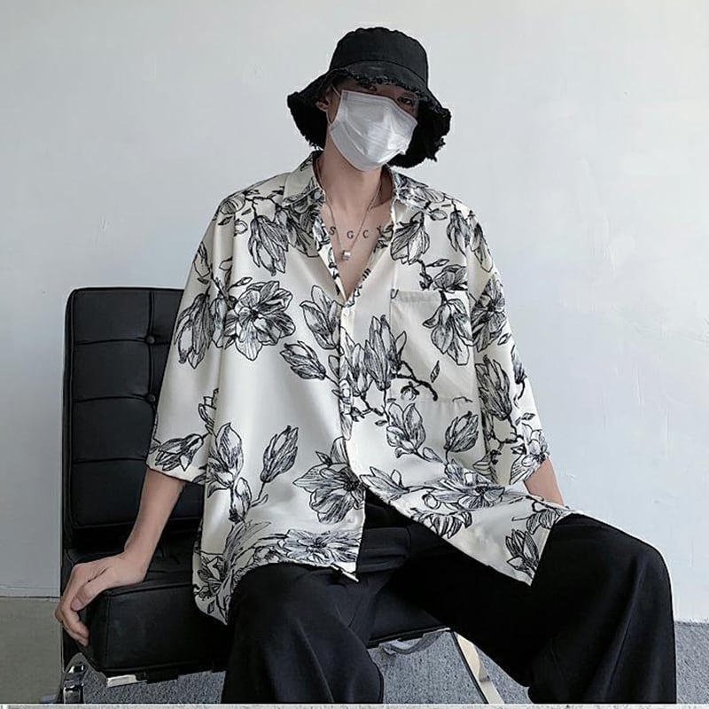 [Emeisa Series]★Shirt★ Tops 2color Short Sleeve Shirt Floral Shirt Unisex Men's Black White