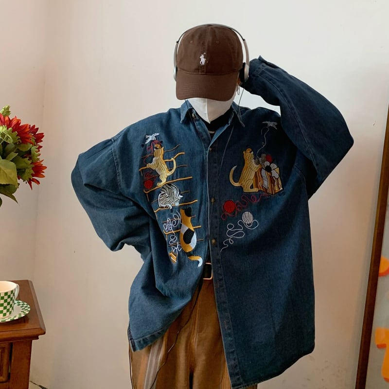 [C2 Studios Series] ★Embroidery Shirt★ Denim Shirt Cat Cat Tops Unisex Blue Blue Men's Cute