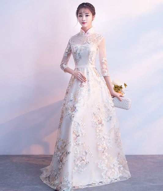 Party Dress, One Piece, Long Dress, After-Party, Wedding, Concert, Elegant, Chinese Style, Stand Neck, 3/4 Sleeve, Long Length, Maxi Length, Large Size, SML, XL, 2XL, Champagne, Embroidered